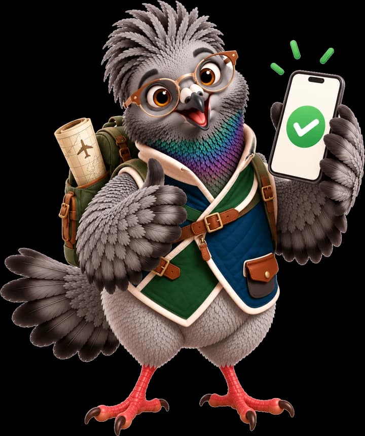 The Nordic pigeon with a backpack, showing an eSIM ready on its phone